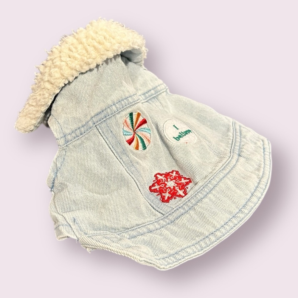 CHRISTMAS Denim Dog Vest Coat Sherpa Collar Two Size Snap Front Size Small